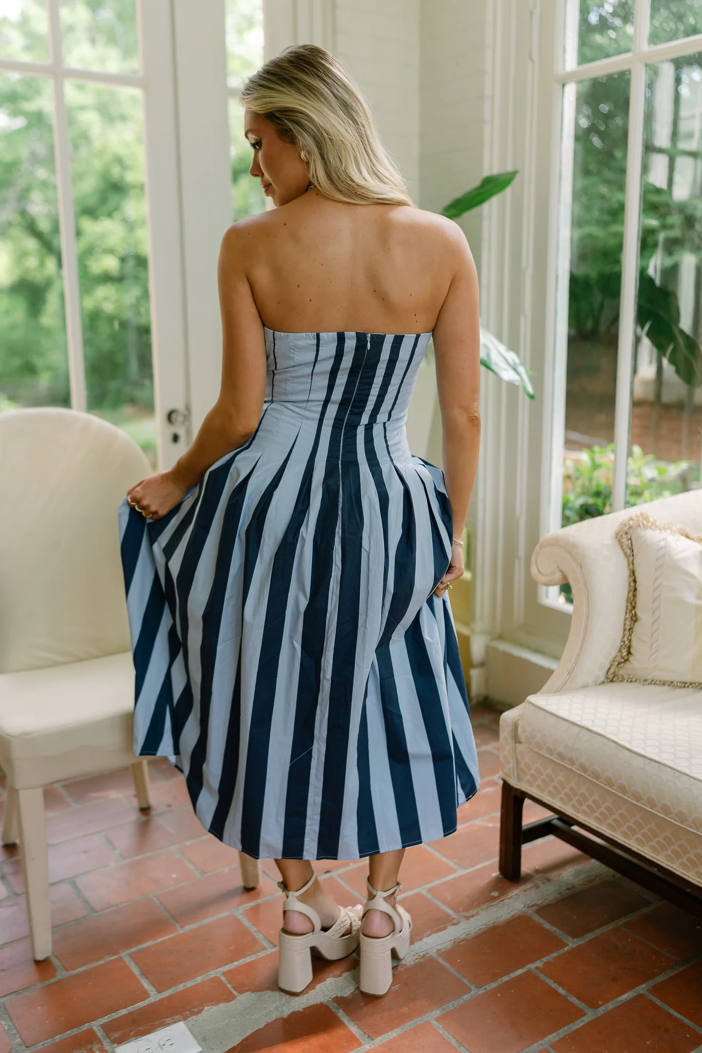 Savannah Blue Stripe Strapless Midi Dress - Image 6