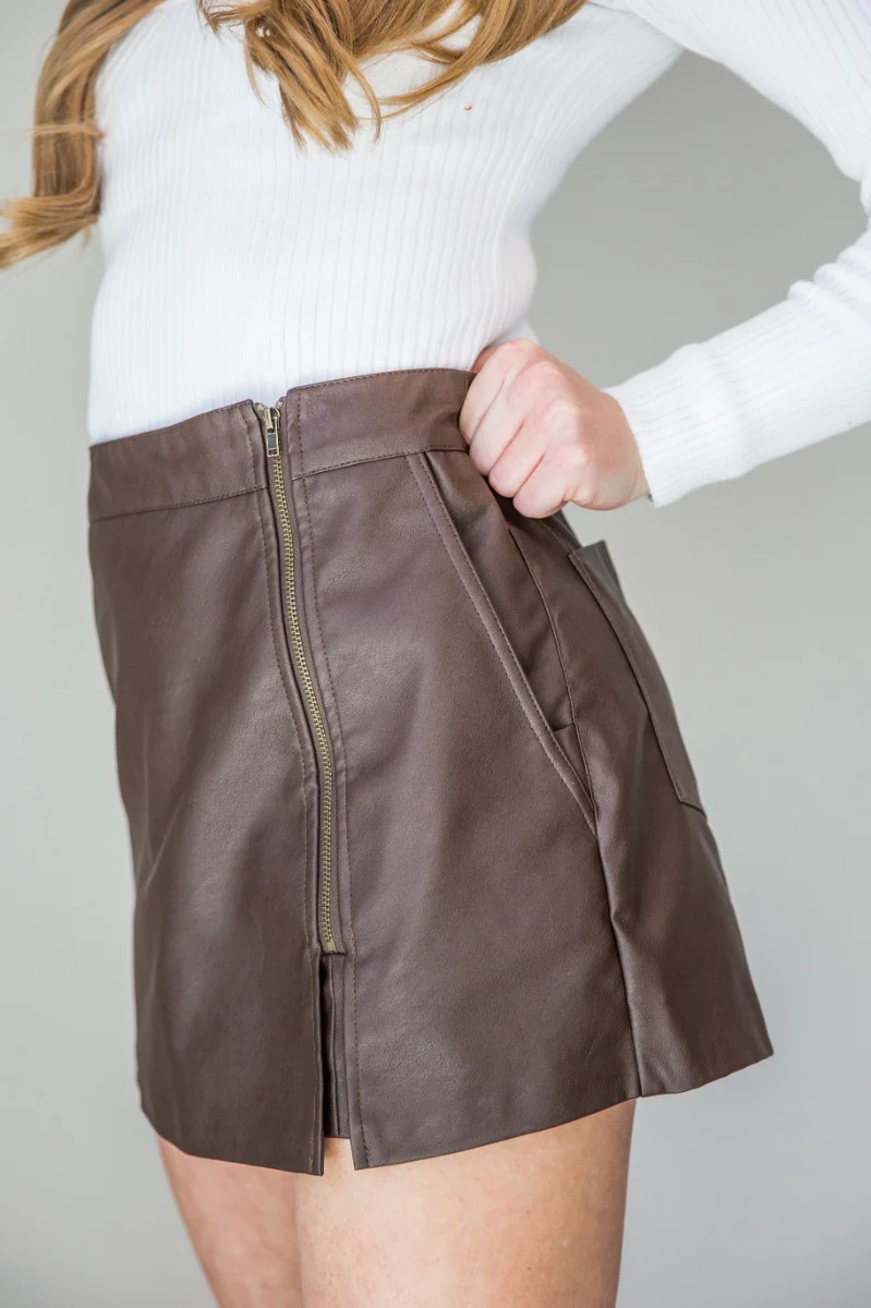 Savannah Dark Brown Faux Leather Skort - Image 4