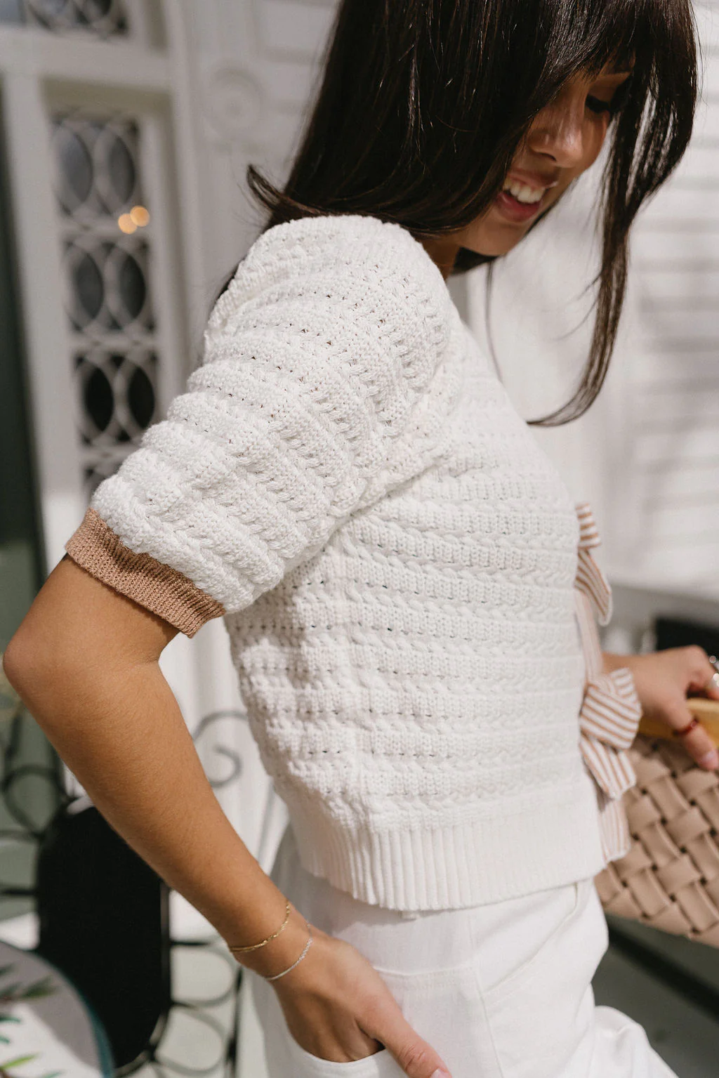 Savannah White & Tan Knit Bow Top - Image 5