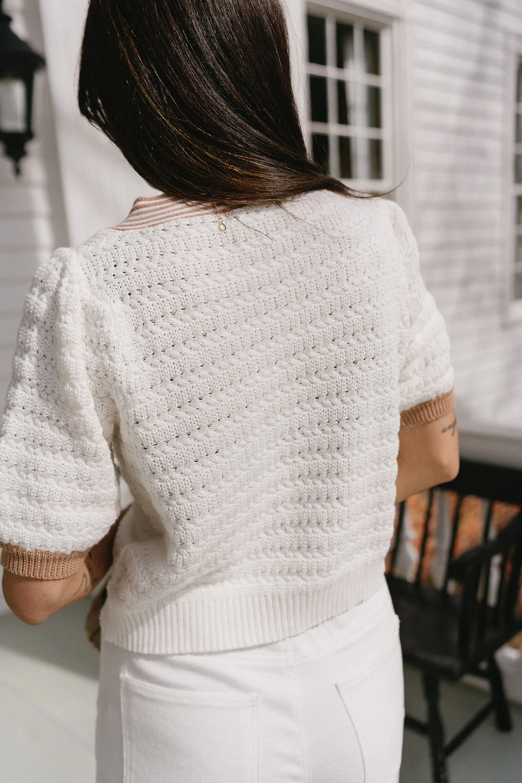 Savannah White & Tan Knit Bow Top - Image 7