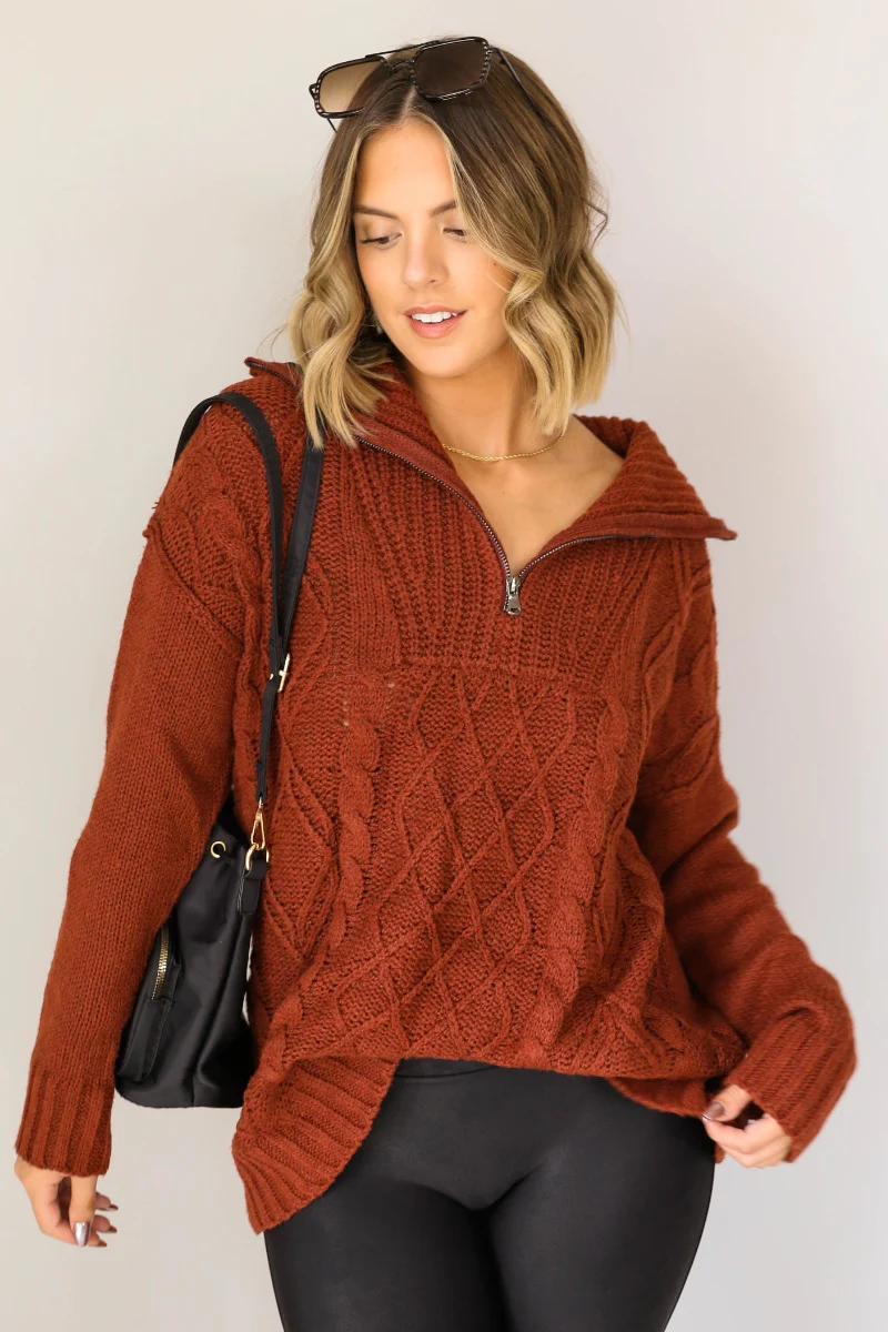 Sawyer Brick Knit Quarter Zip Up Long Sleeve Sweater