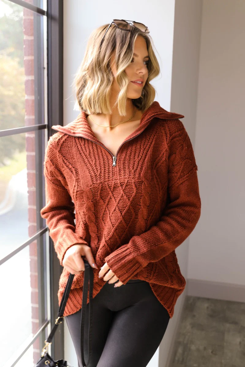 Sawyer Brick Knit Quarter Zip Up Long Sleeve Sweater - Image 3