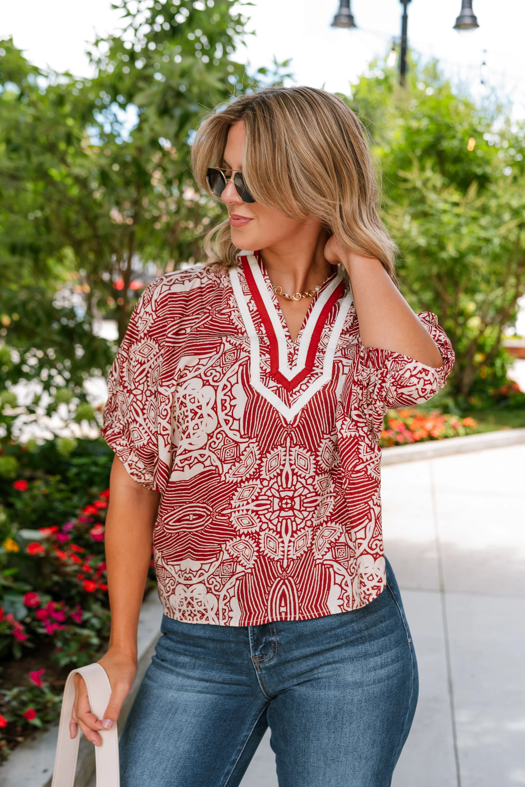 Saylor Rust & Cream Abstract Short Sleeve Top
