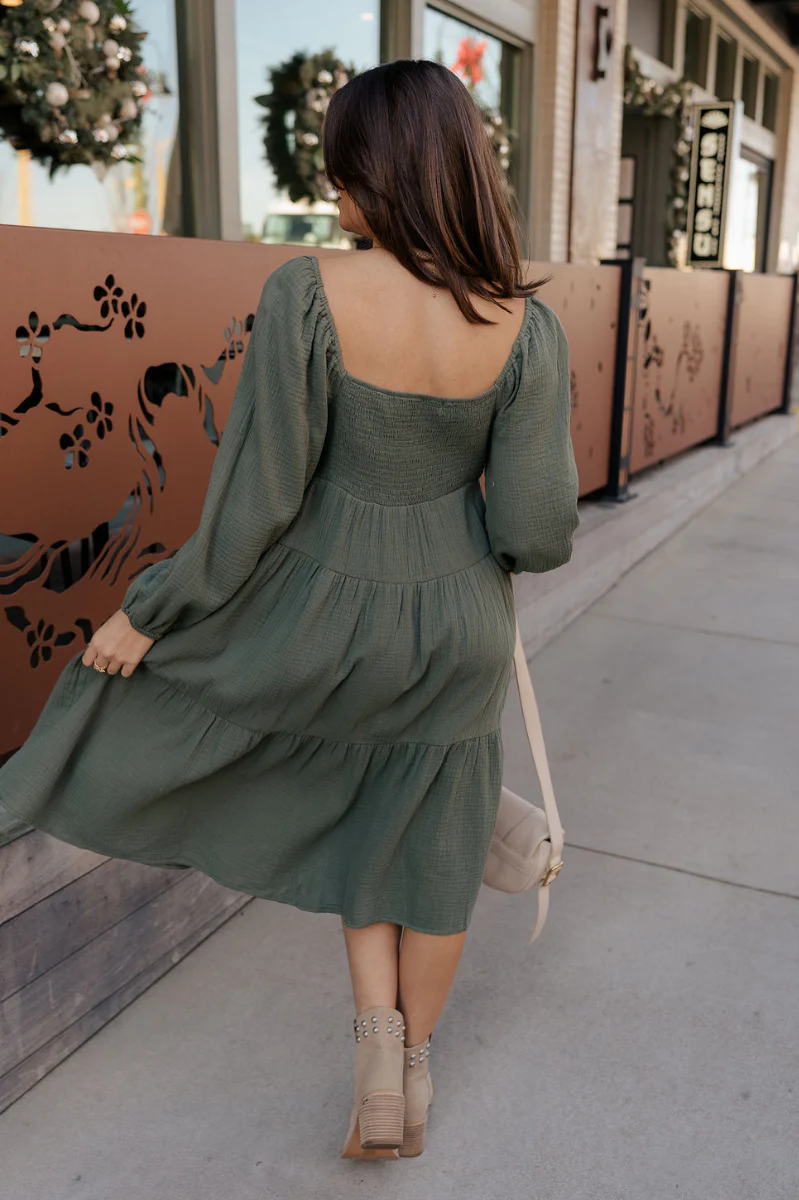 Selene Olive Gauze Midi Long Sleeve Dress - Image 5