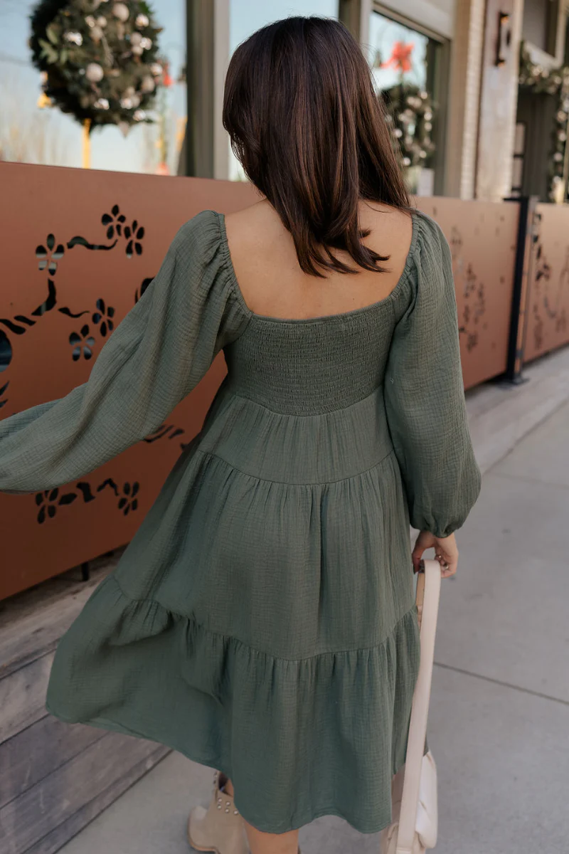 Selene Olive Gauze Midi Long Sleeve Dress - Image 6