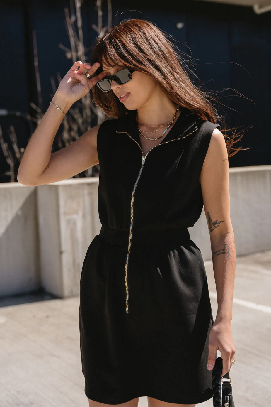 Serena Black Zip-Front Sleeveless Mini Dress