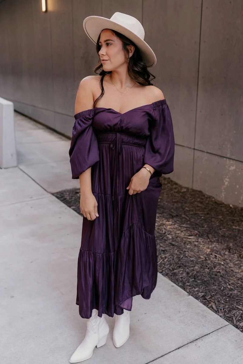 Serena Plum Short Puff Sleeve Midi Dress - Image 3