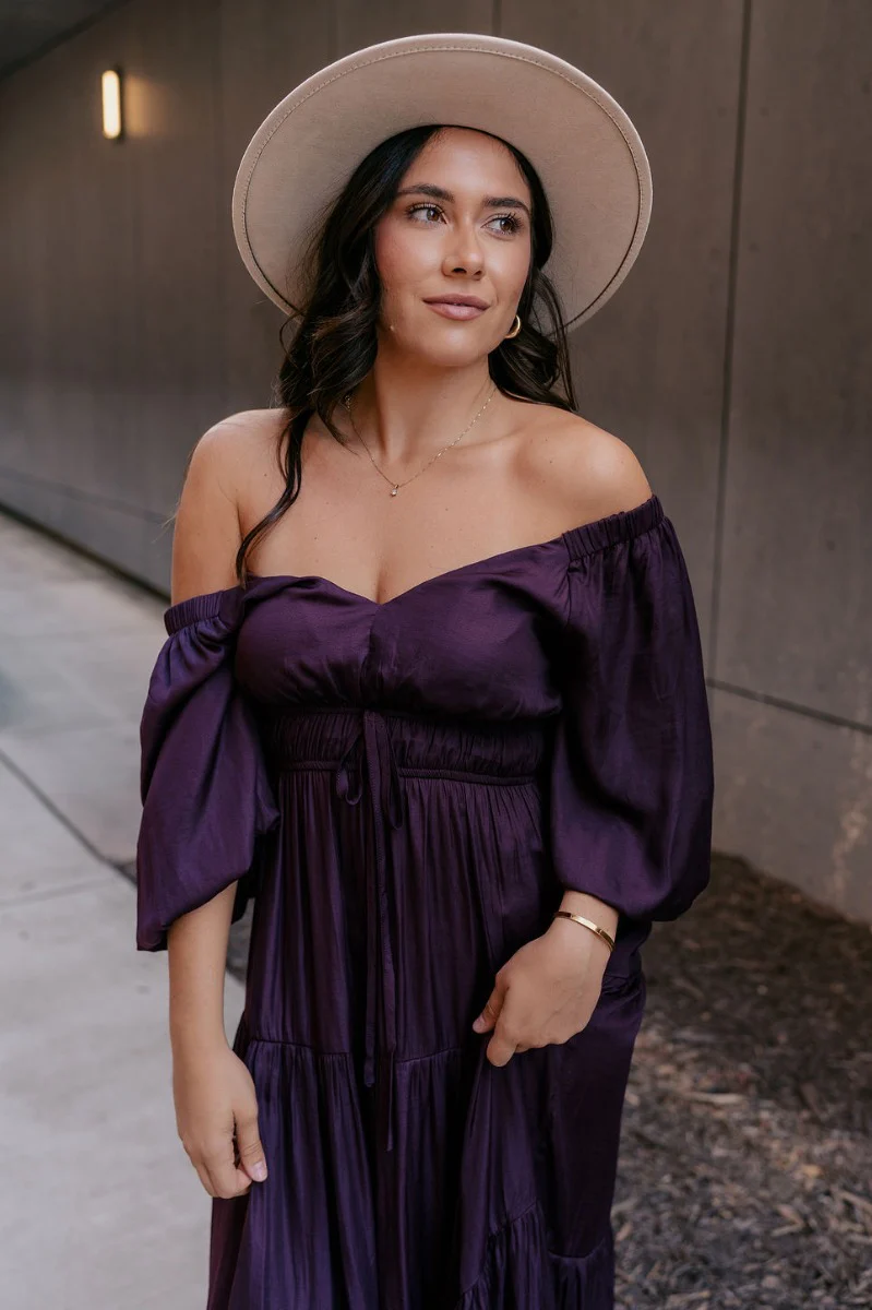 Serena Plum Short Puff Sleeve Midi Dress - Image 5