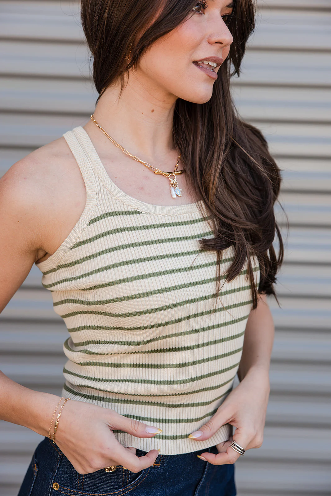Shana Cream & Green Striped Tank Top