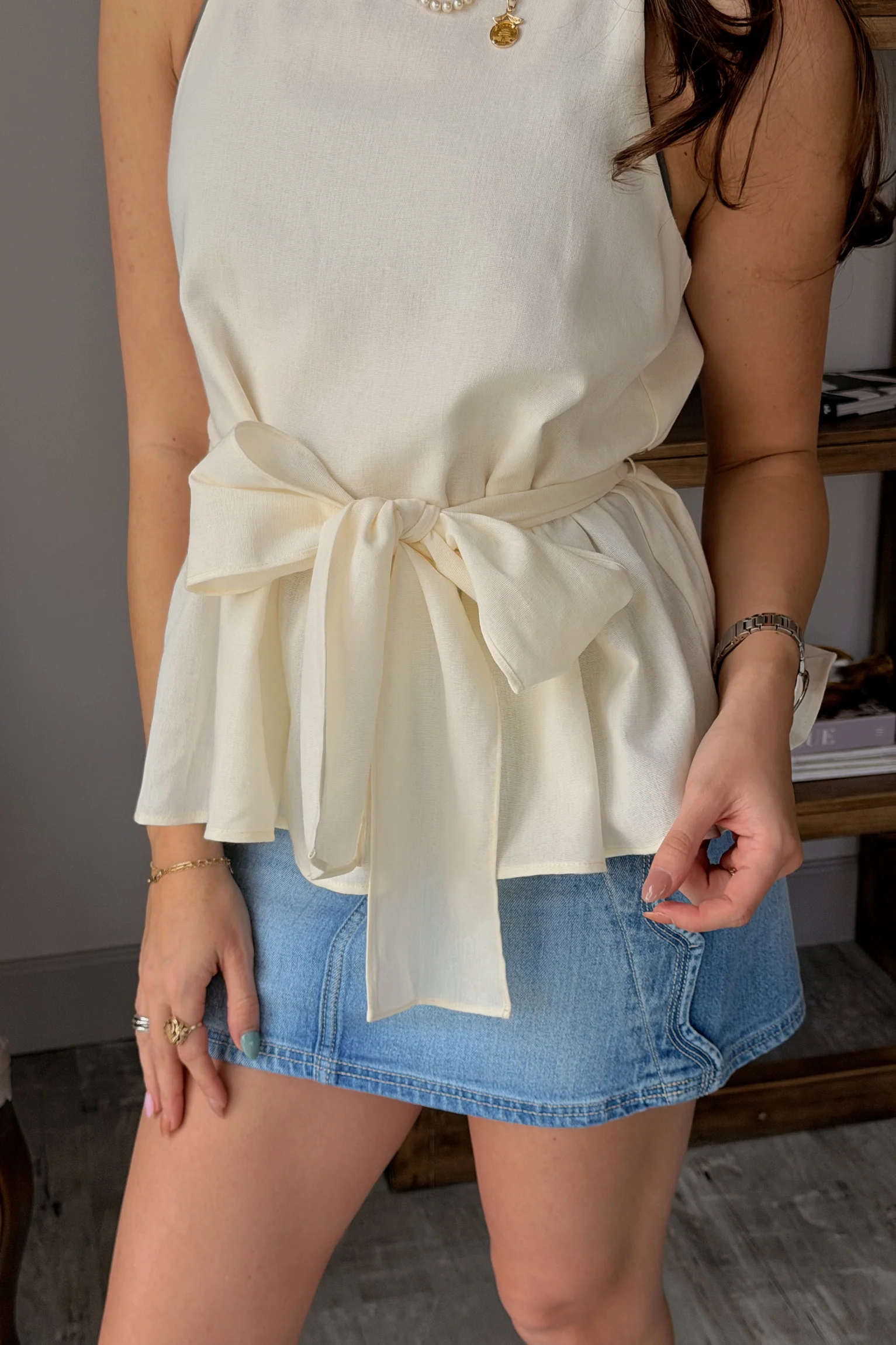 Shay Cream Peplum Tie Tank Top - Image 7