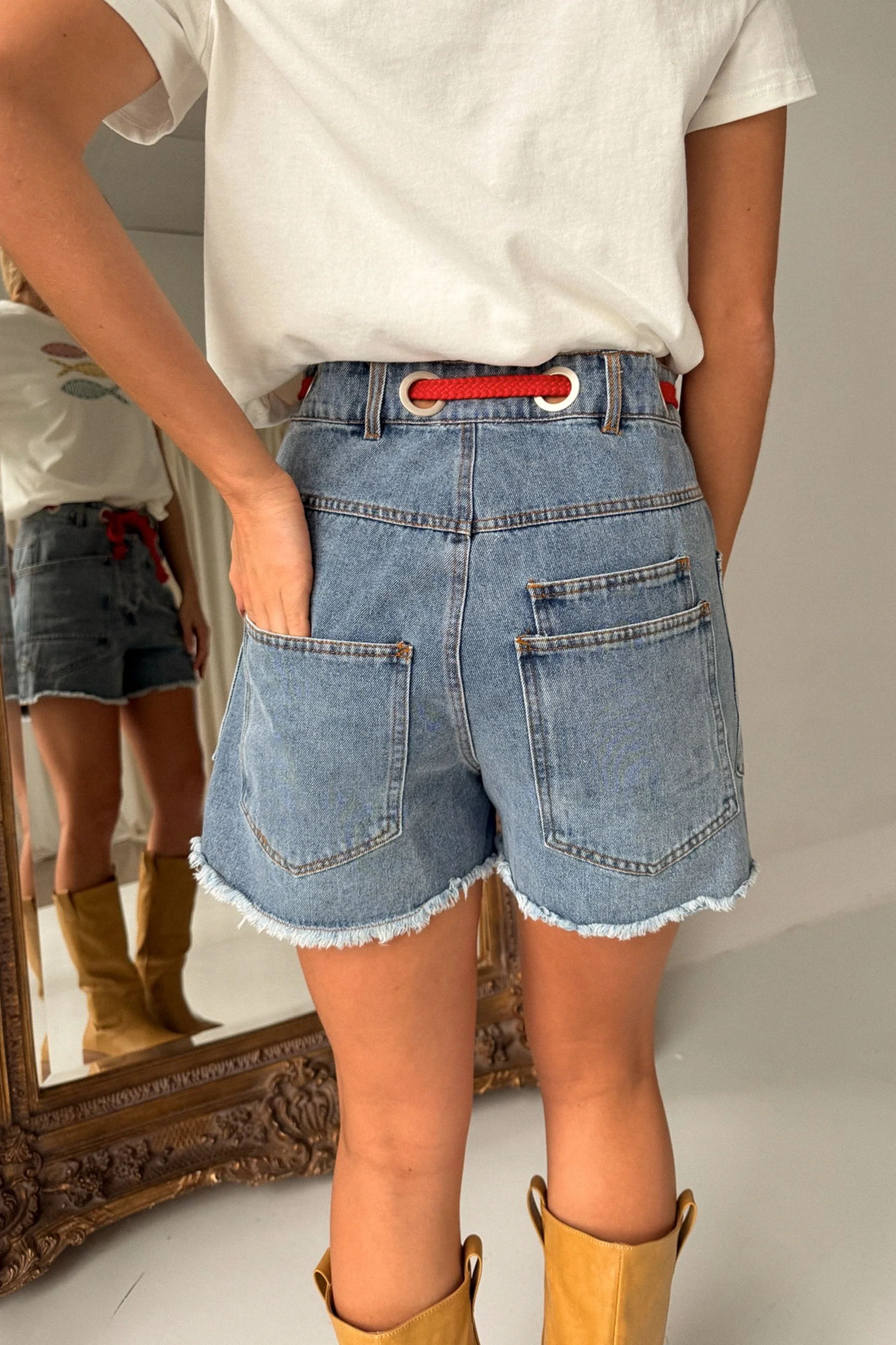 Shiloh Medium Wash Red Belt Denim Shorts - Image 5