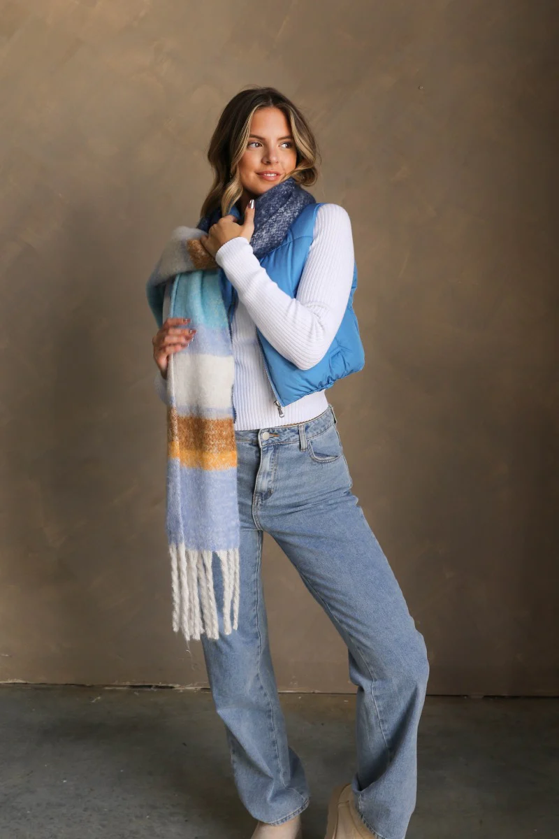 Sienna Blue Multi Striped Fringe Scarf
