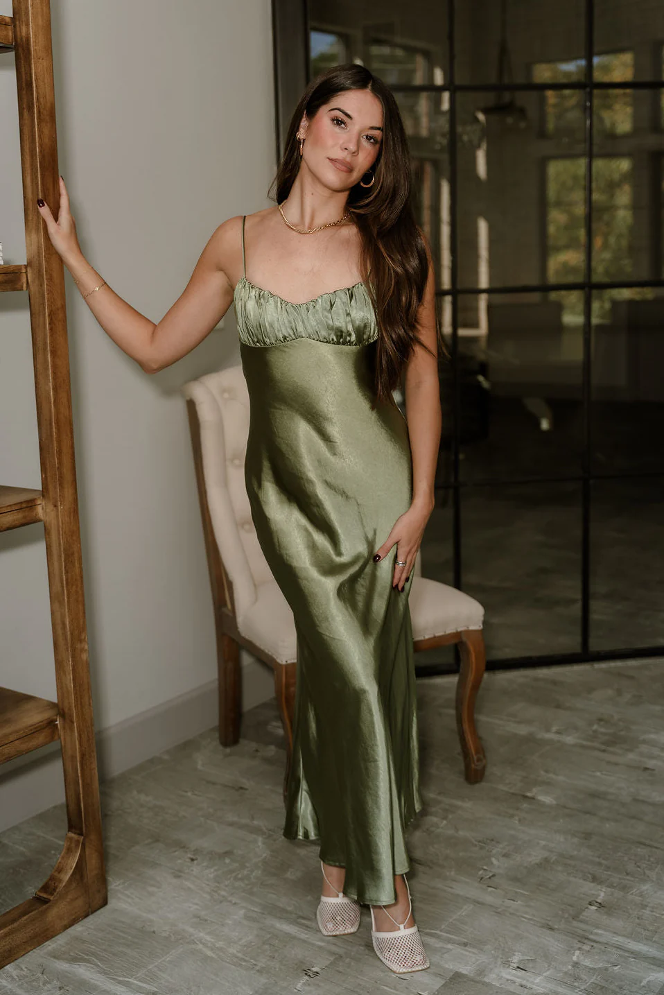 Sienna Olive Green Satin Maxi Dress