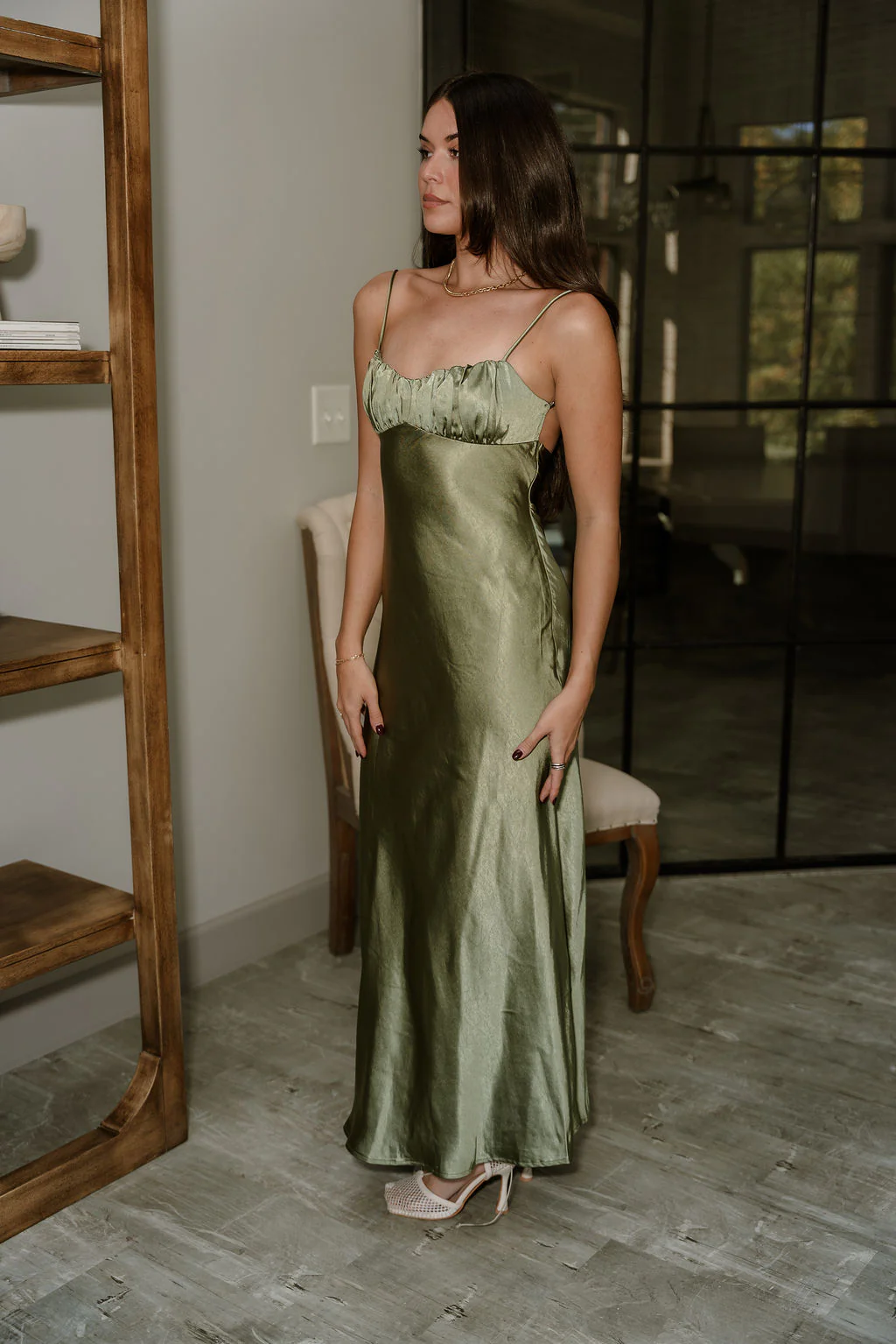 Sienna Olive Green Satin Maxi Dress - Image 2
