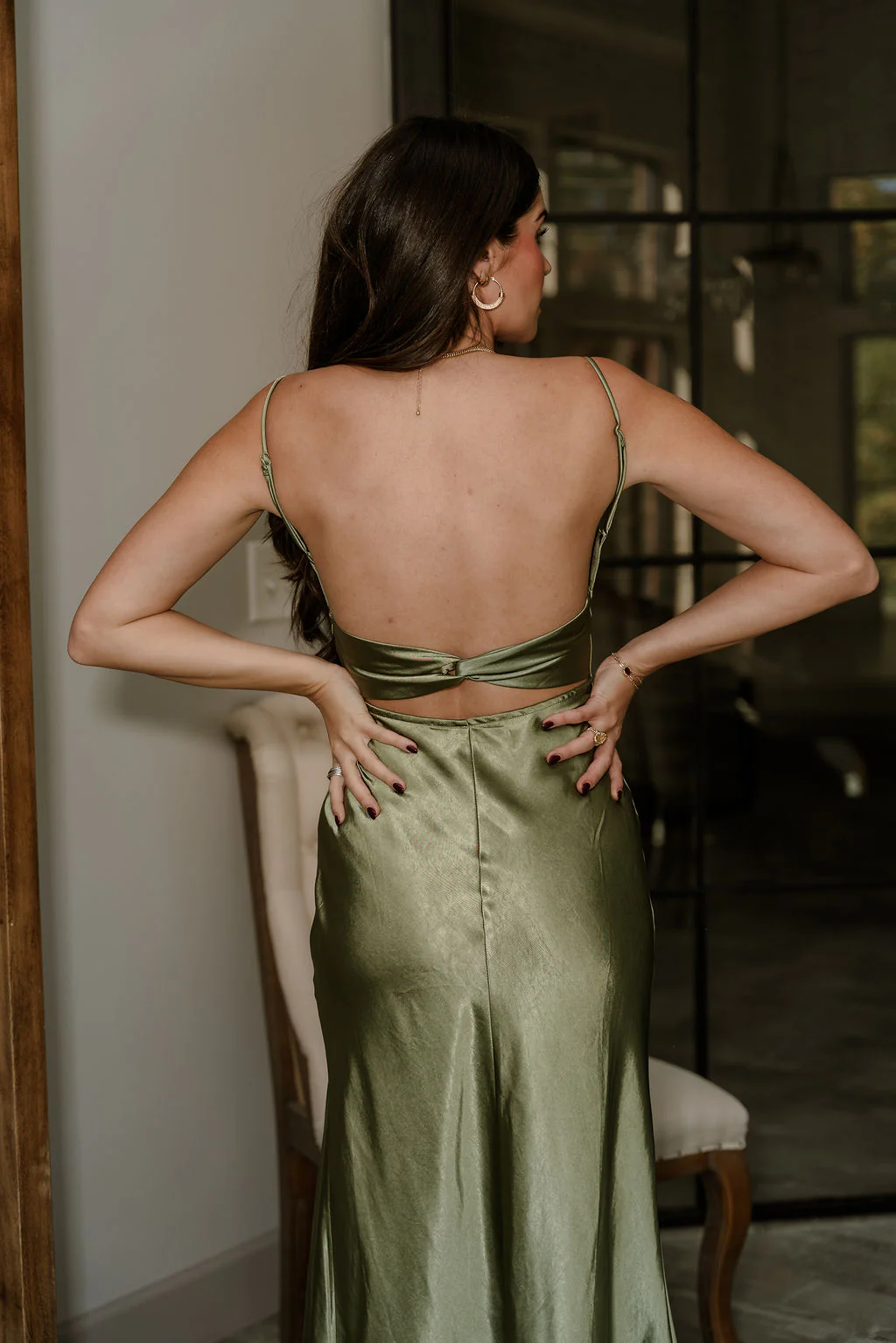 Sienna Olive Green Satin Maxi Dress - Image 3