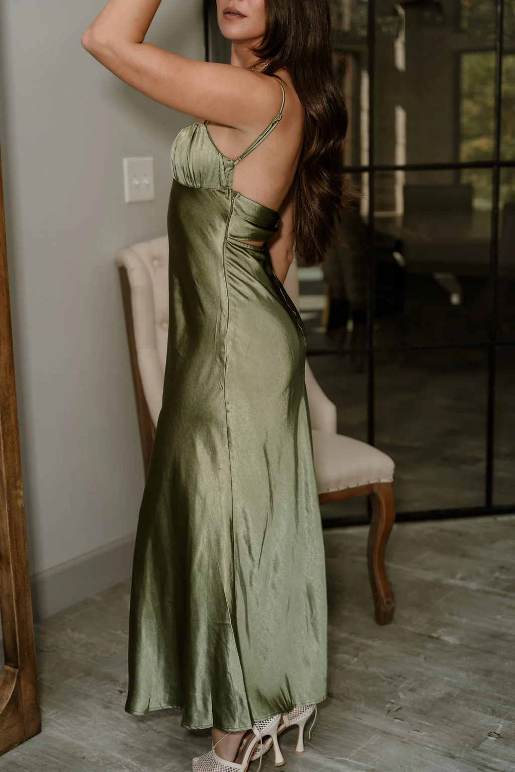 Sienna Olive Green Satin Maxi Dress - Image 9