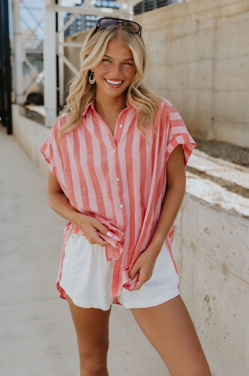 Sienna Pink & Red Stripe Button-Up Short Sleeve Top