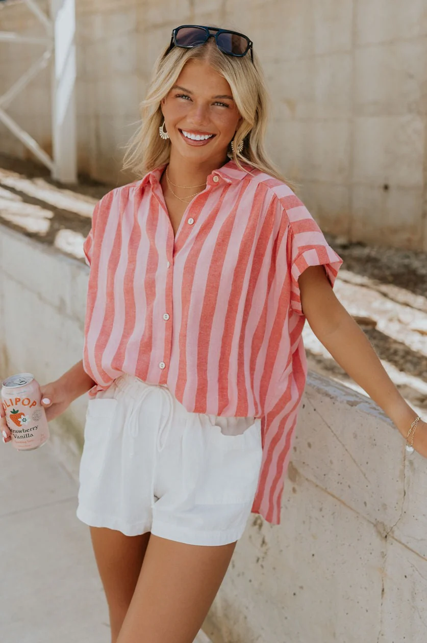 Sienna Pink & Red Stripe Button-Up Short Sleeve Top - Image 11