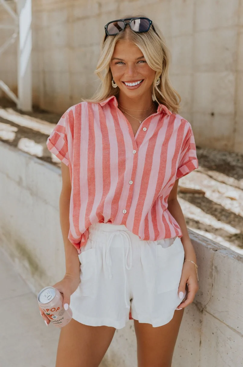Sienna Pink & Red Stripe Button-Up Short Sleeve Top - Image 12