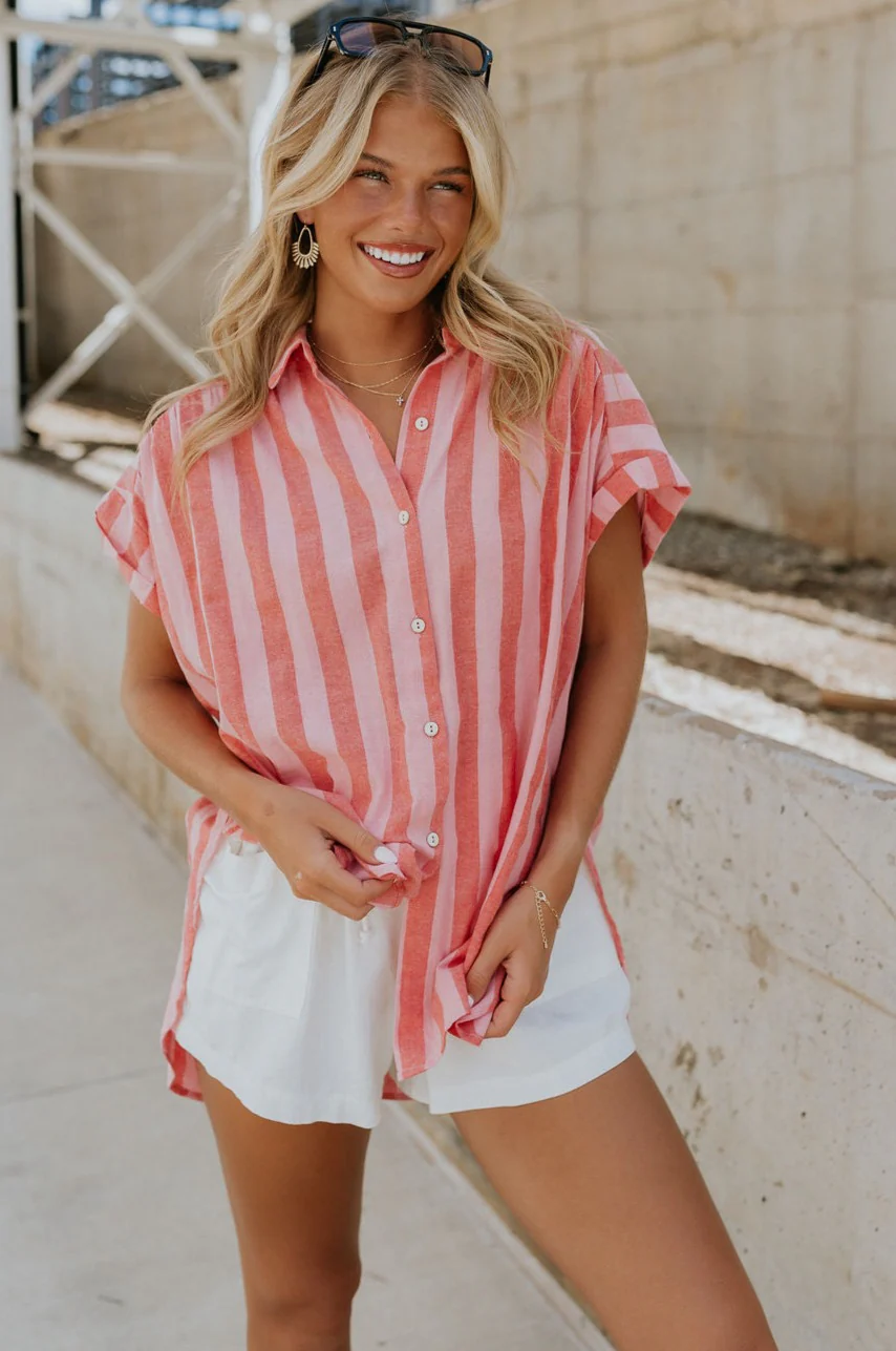 Sienna Pink & Red Stripe Button-Up Short Sleeve Top - Image 13