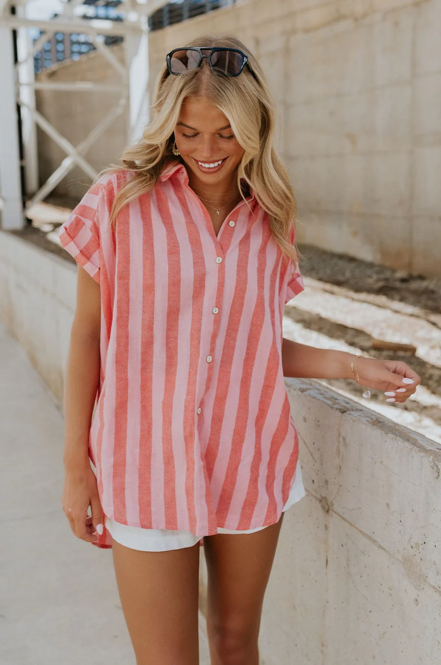 Sienna Pink & Red Stripe Button-Up Short Sleeve Top - Image 3