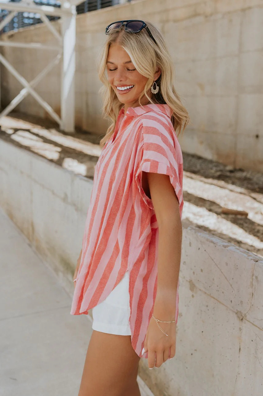 Sienna Pink & Red Stripe Button-Up Short Sleeve Top - Image 4