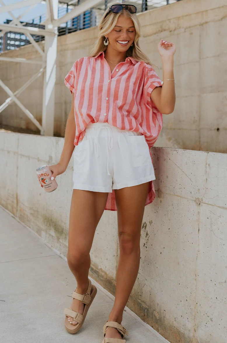Sienna Pink & Red Stripe Button-Up Short Sleeve Top - Image 7