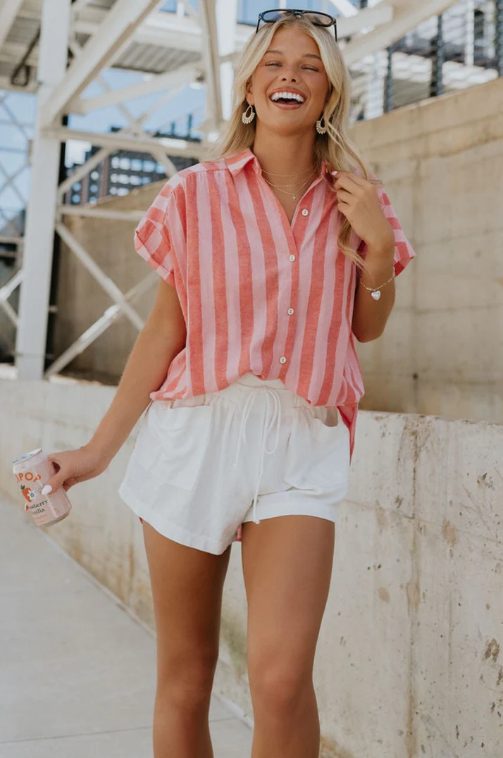 Sienna Pink & Red Stripe Button-Up Short Sleeve Top - Image 8