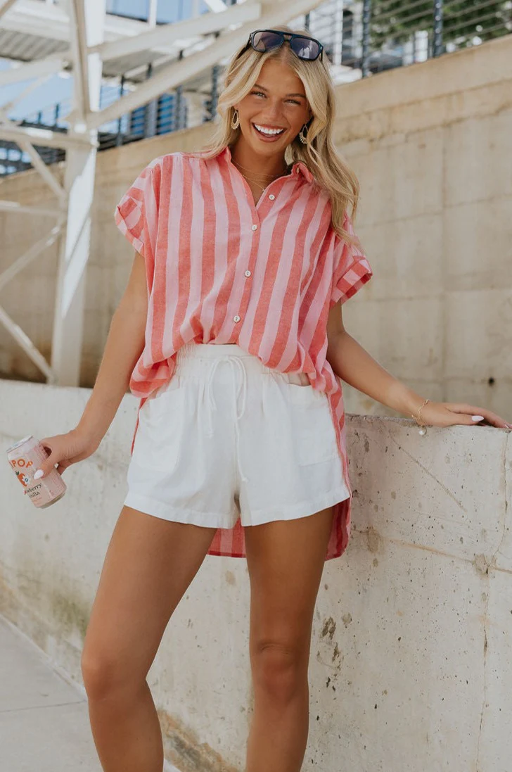 Sienna Pink & Red Stripe Button-Up Short Sleeve Top - Image 9
