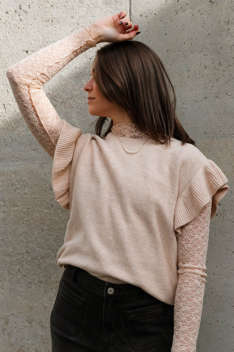 Sierra Beige Knit Ruffle Sweater