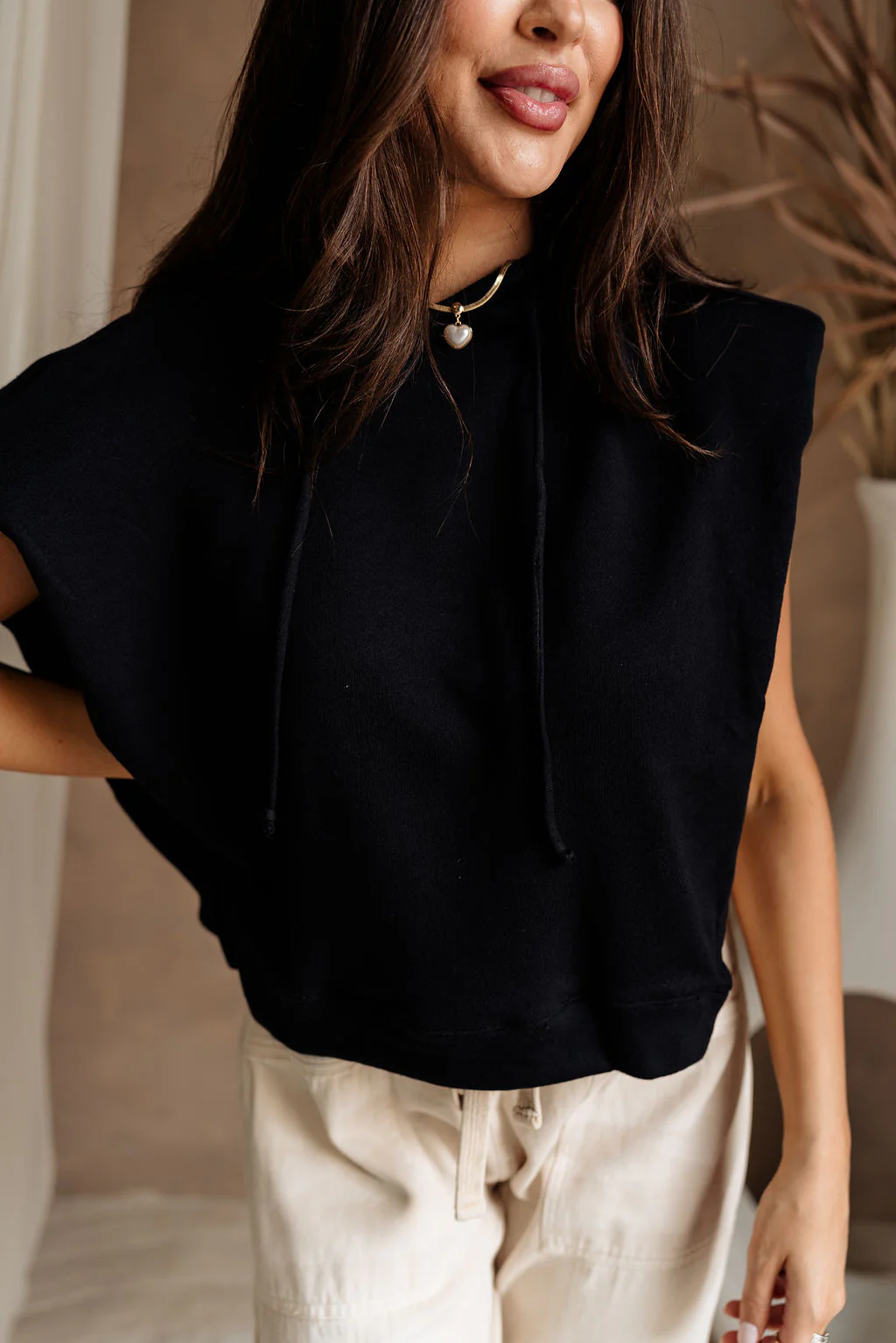 Simone Black Sleeveless Hoodie - Image 2