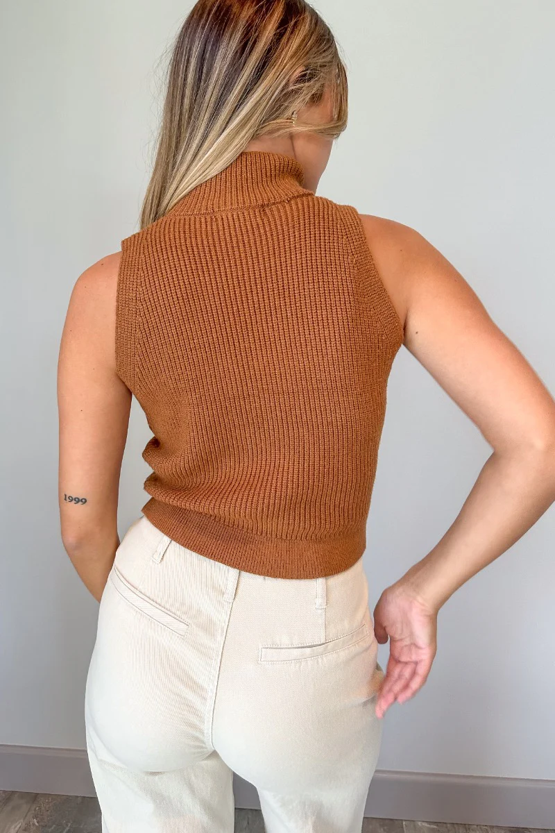 Sloan Camel Knit High Neck Sleeveless Sweater - Image 6