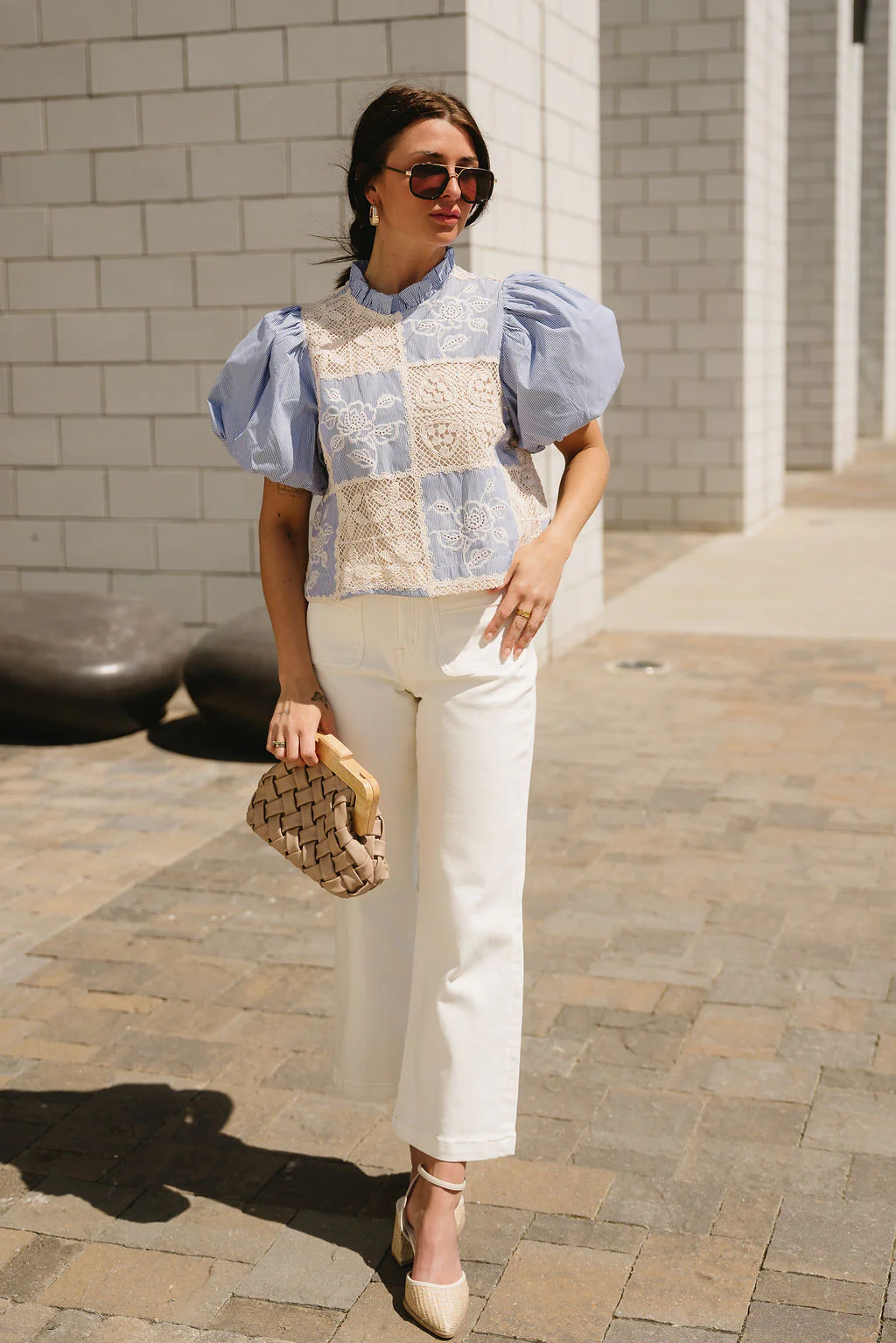 Sloane Blue Stripe & Crochet Puff Sleeve Top