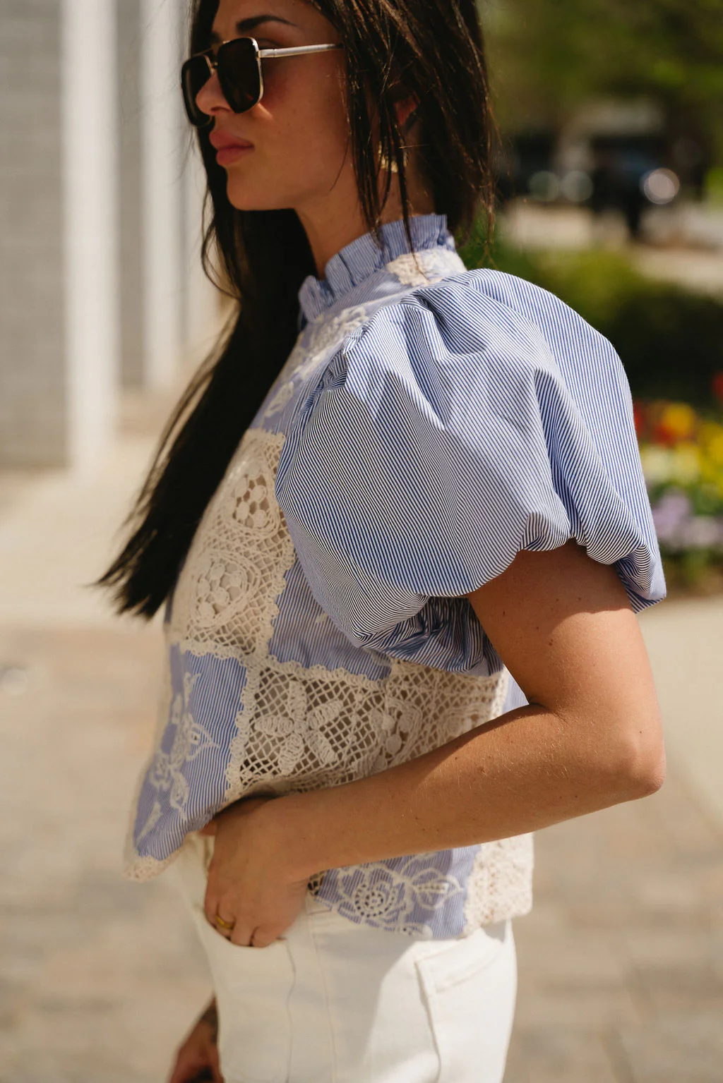 Sloane Blue Stripe & Crochet Puff Sleeve Top - Image 2