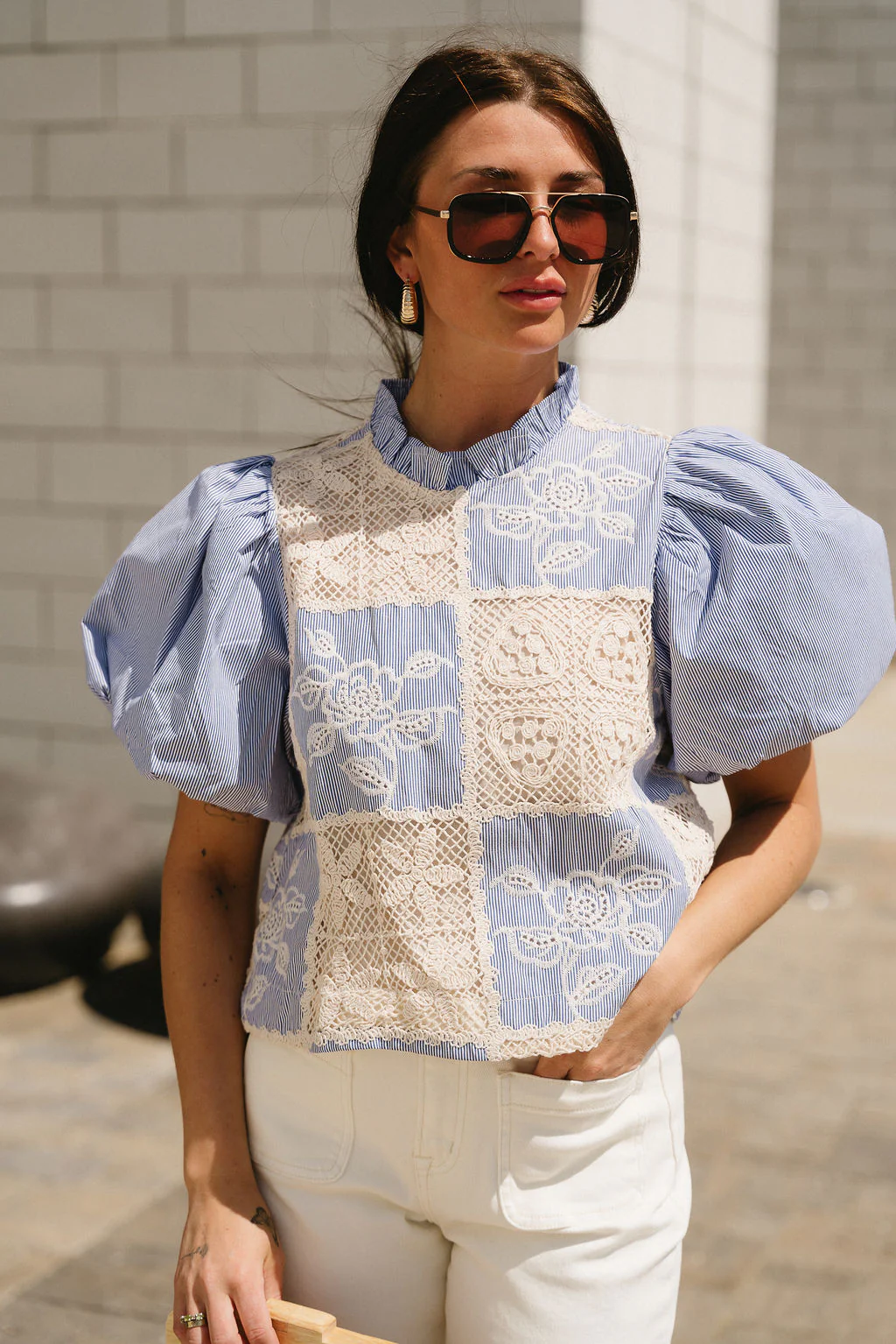 Sloane Blue Stripe & Crochet Puff Sleeve Top - Image 3