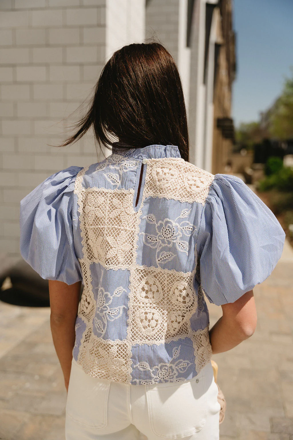 Sloane Blue Stripe & Crochet Puff Sleeve Top - Image 4