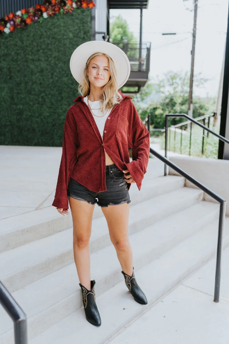 Sloane Corduroy Shacket in Wine - Image 2