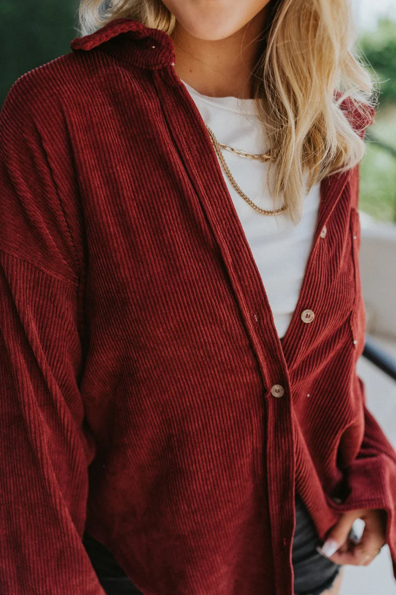 Sloane Corduroy Shacket in Wine - Image 5