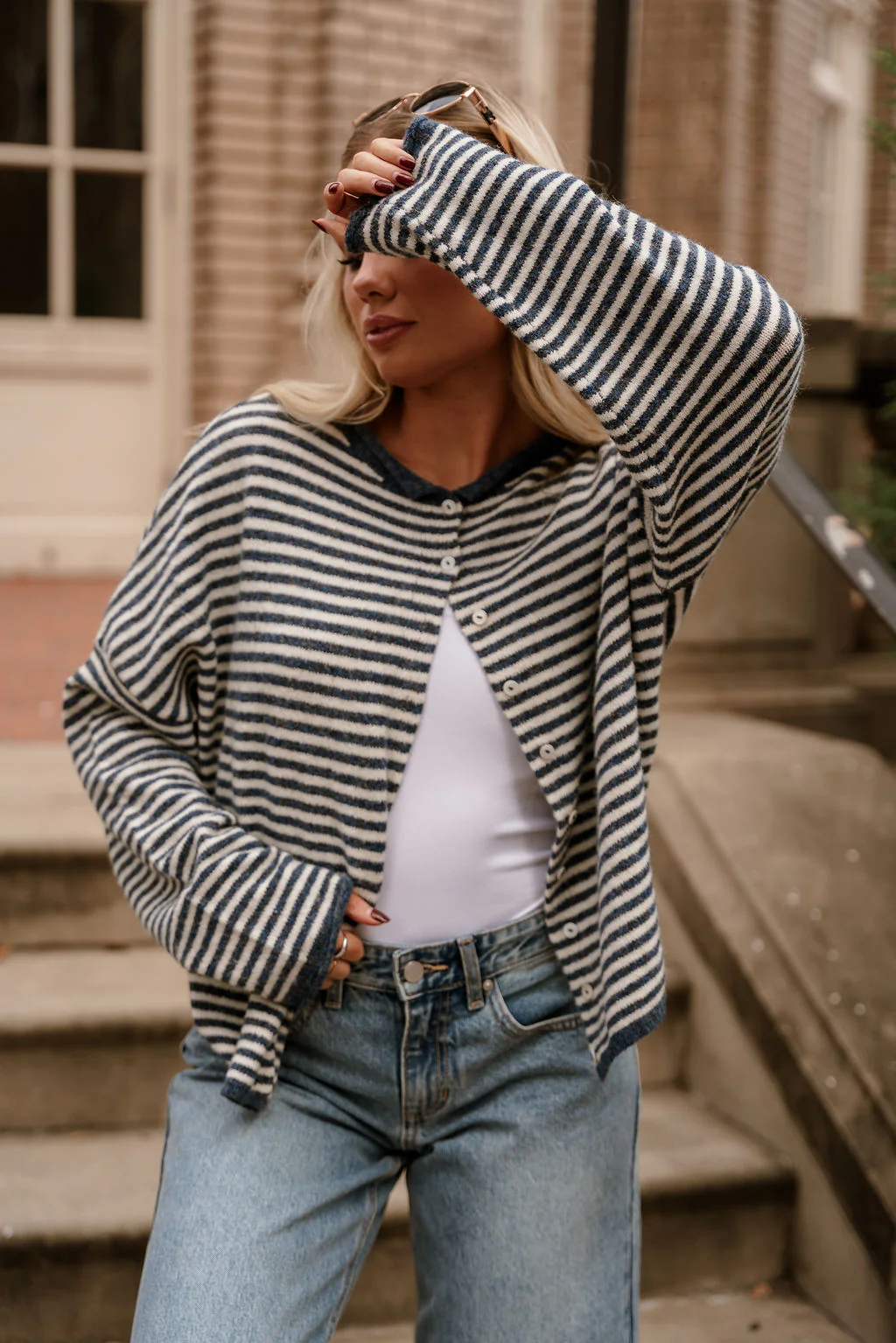 Solana Blue & Cream Stripe Knit Cardigan - Image 2