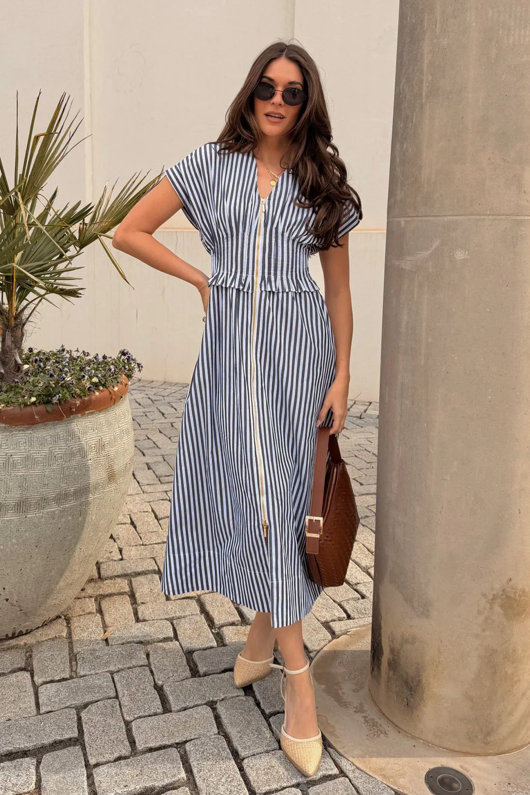 Solana Navy & White Stripe Zip-Up Midi Dress - Image 6