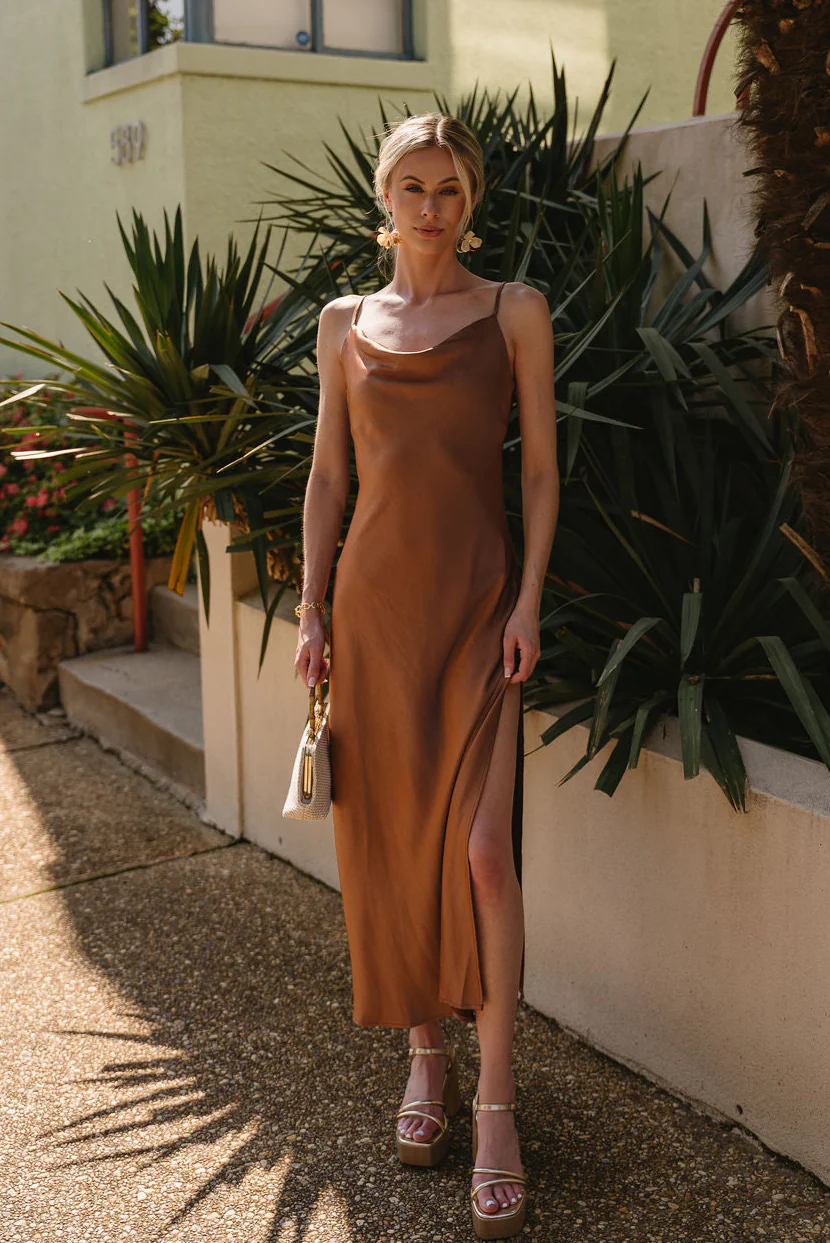 Sophia Brown Satin Midi Dress - Image 6