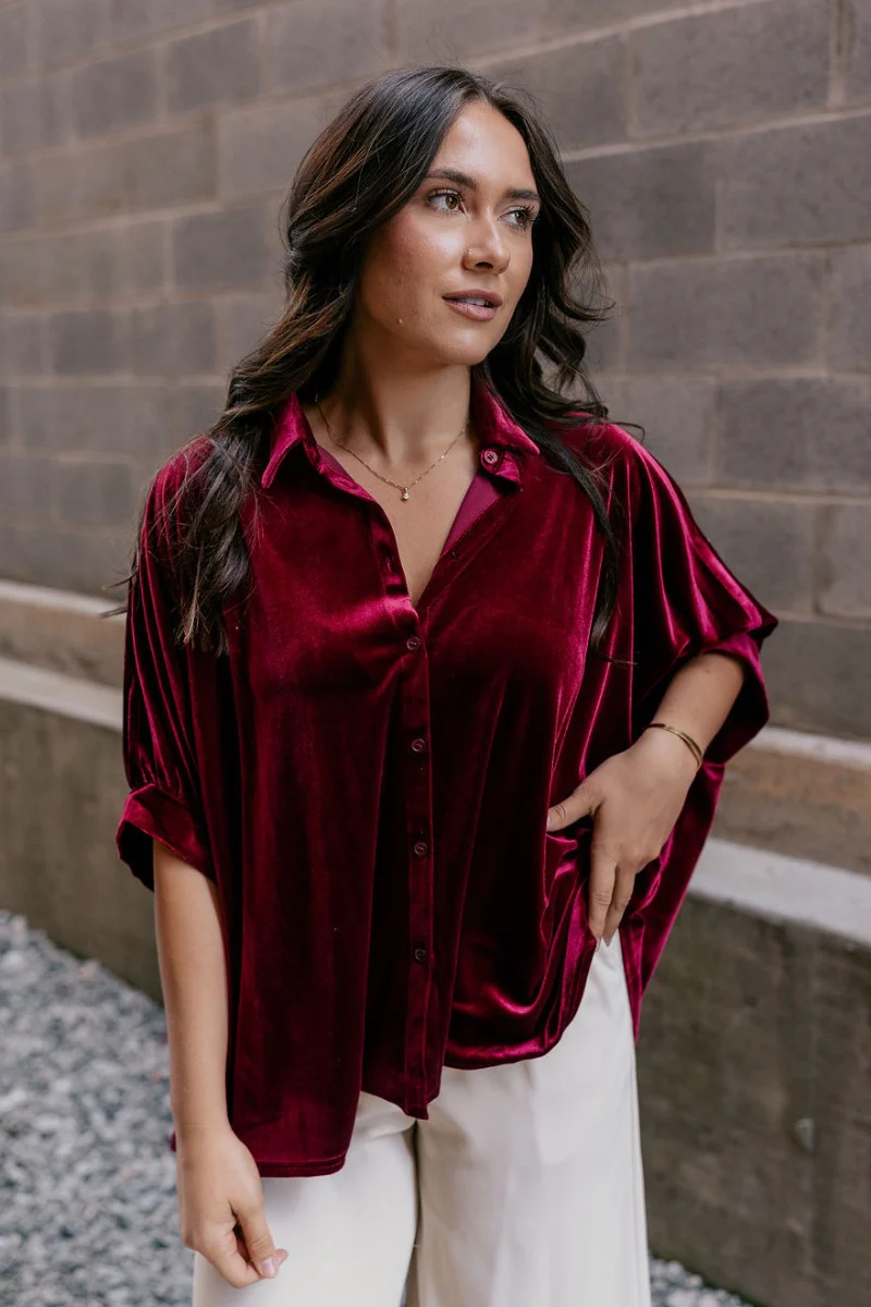 Sophia Burgundy Velvet Short Sleeve Top - Image 4