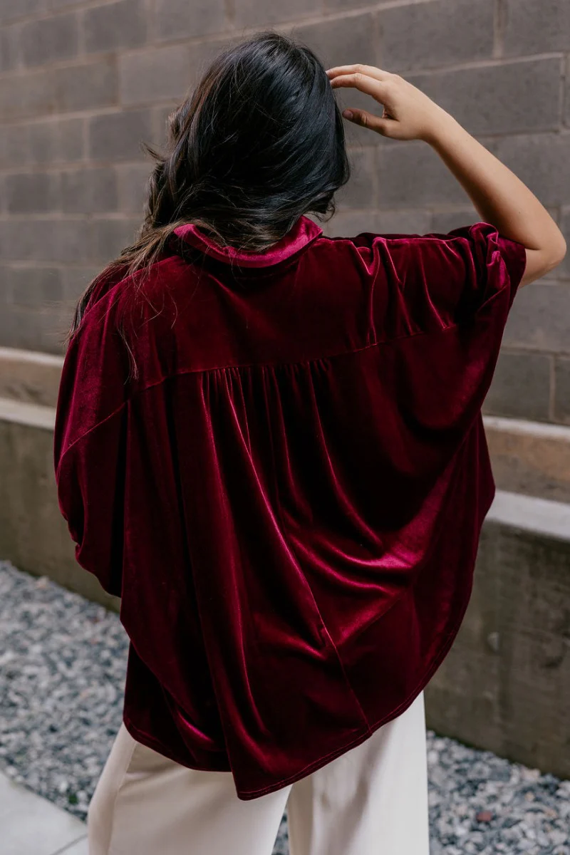Sophia Burgundy Velvet Short Sleeve Top - Image 9