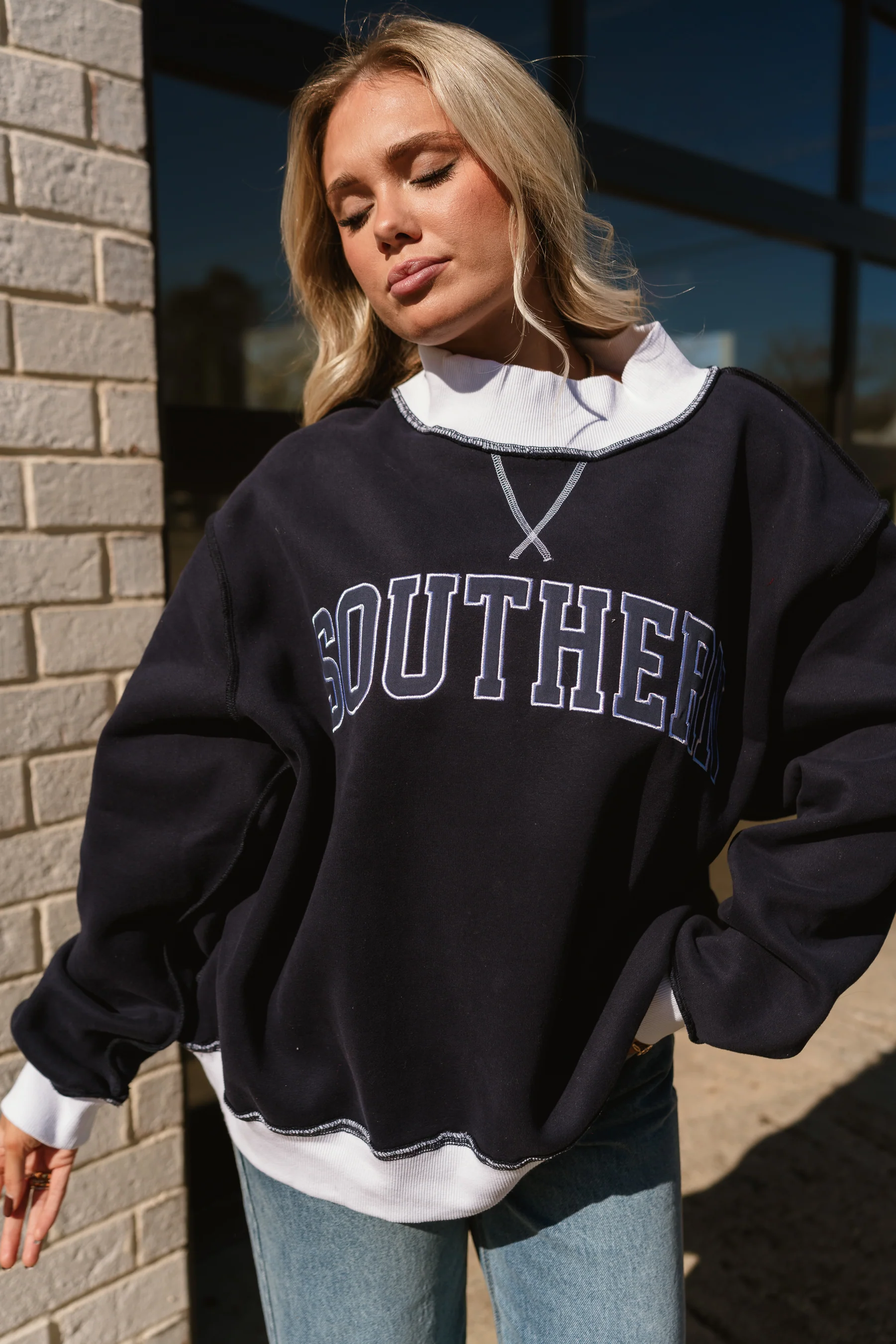 Southern Navy Blue & White Mock Neck Sweatshirt