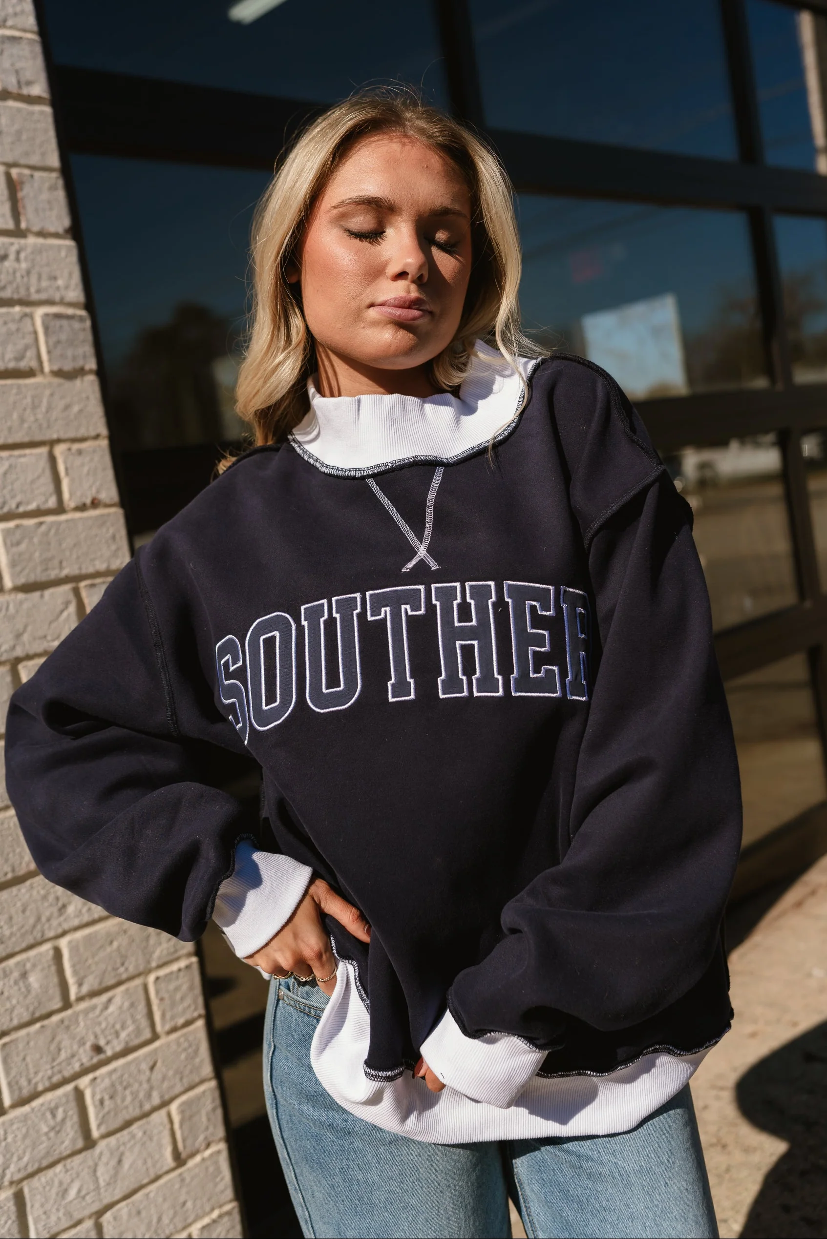 Southern Navy Blue & White Mock Neck Sweatshirt - Image 6