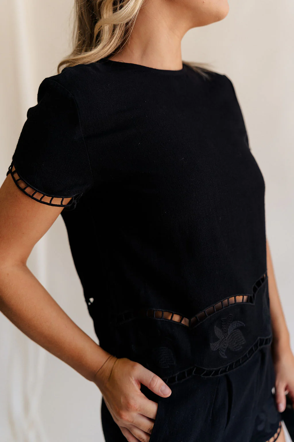 Stella Black Floral Trim Short Sleeve Top - Image 3