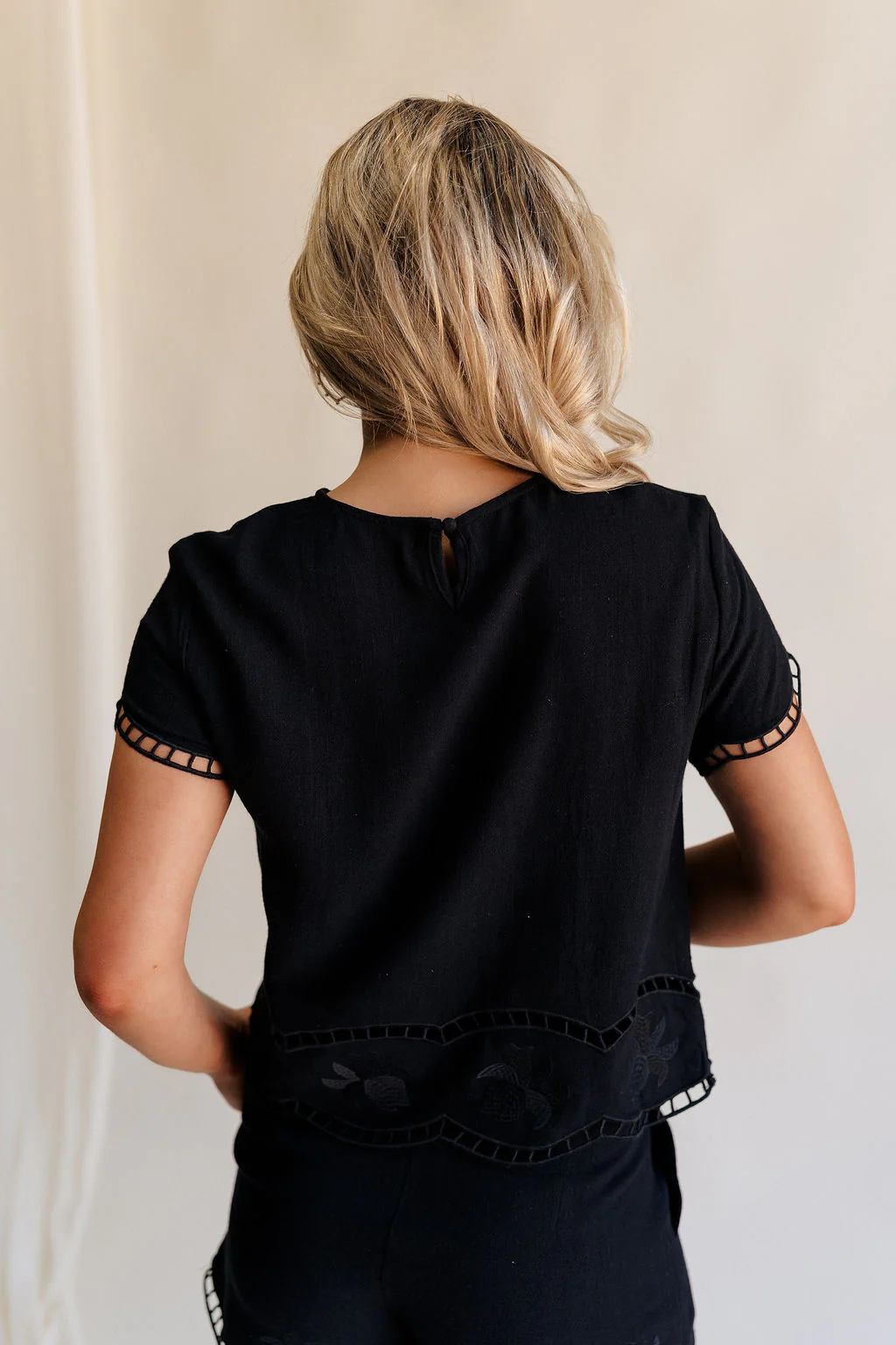 Stella Black Floral Trim Short Sleeve Top - Image 4