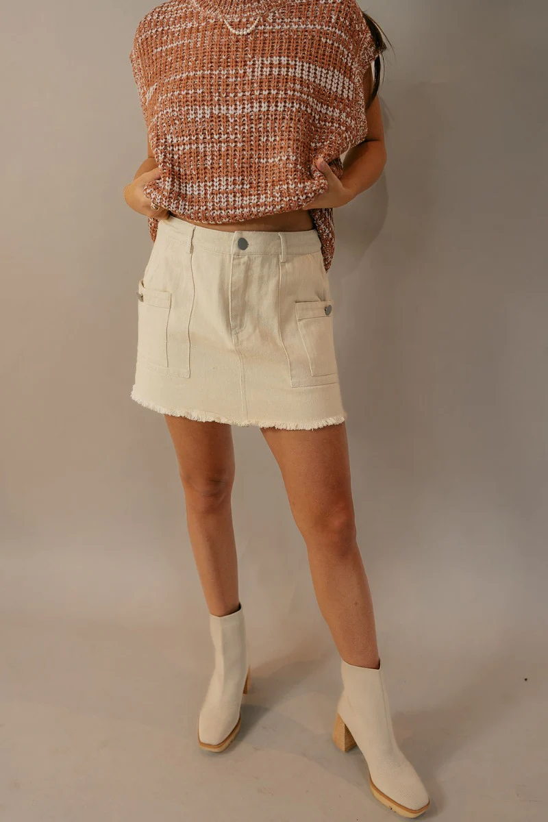 Stella Cream Denim Fray Hem Mini Skirt