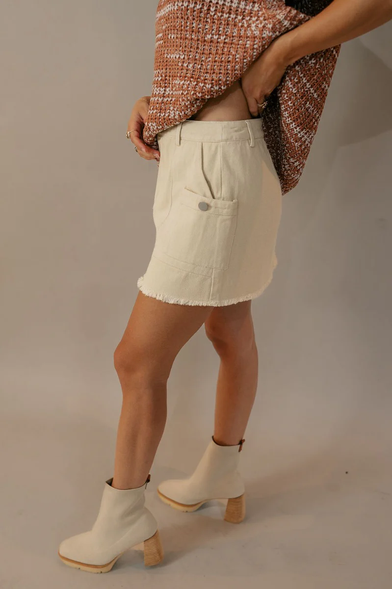 Stella Cream Denim Fray Hem Mini Skirt - Image 4