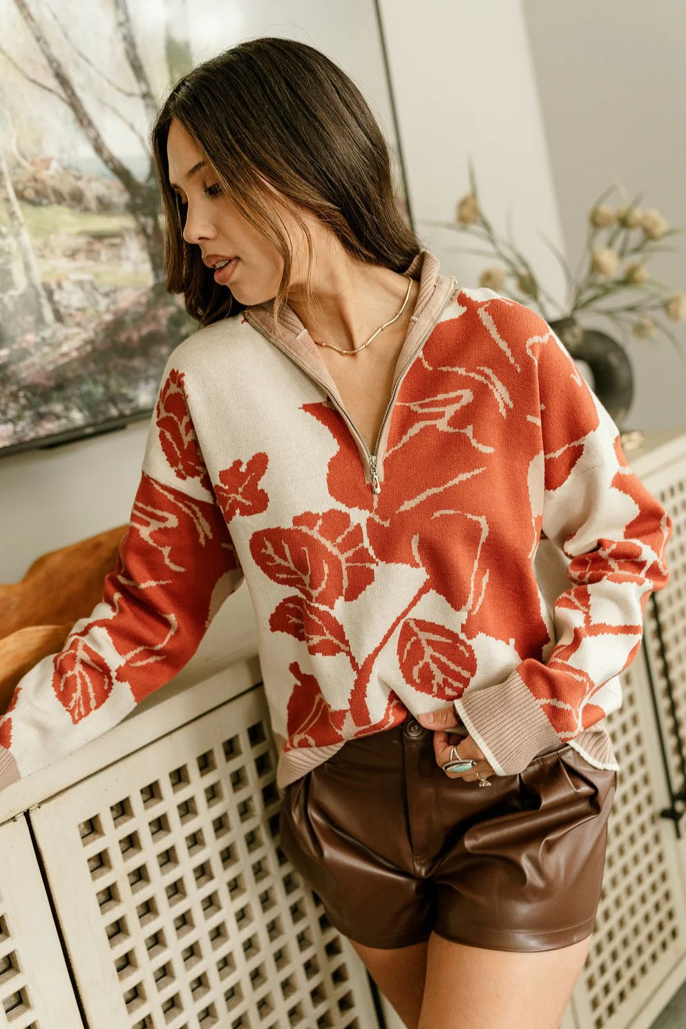 Eliana Rust & Cream Floral Quarter Zip Sweater - Image 2